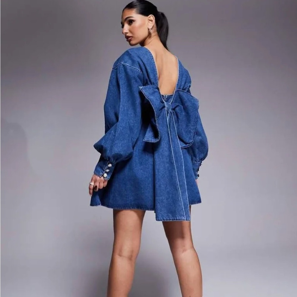 GUC ASOS Luxe Denim Baby Doll Mini Dress with Bow Back